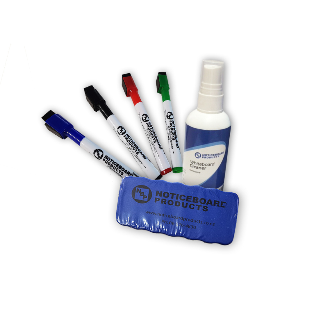 Whiteboard Accessory Kit | Magnetic Duster | 1x pkt Whiteboard Markers | 100ml Whiteboard Cleaner image 0
